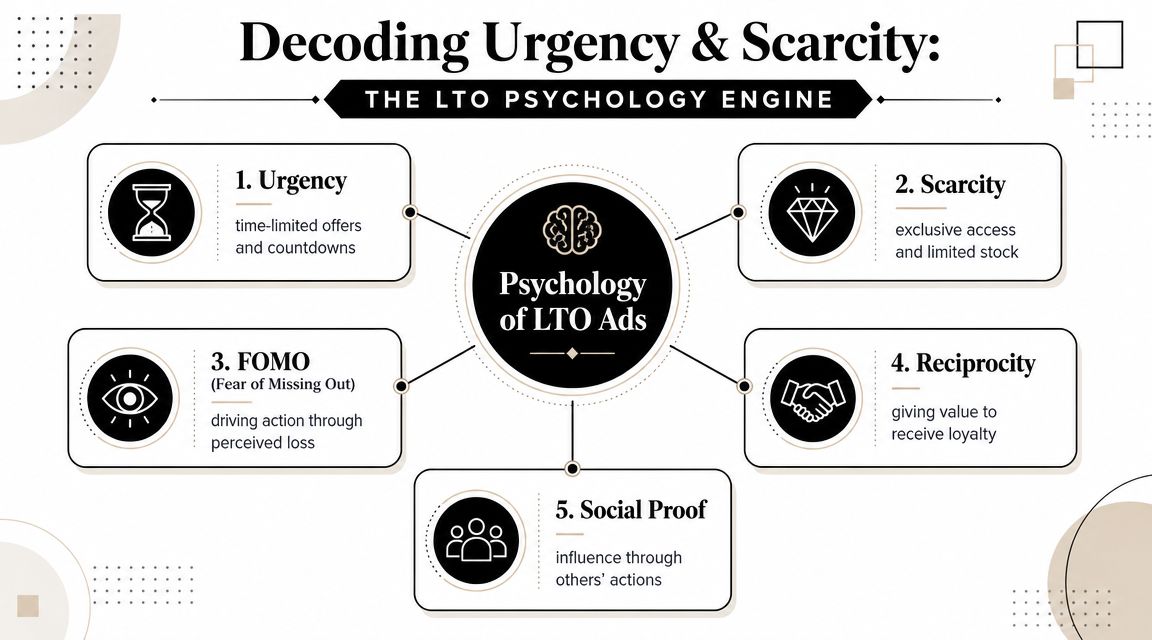 A diagram illustrating the psychological principles behind limited time offer ads including urgency, scarcity, FOMO, reciprocity, and social proof.