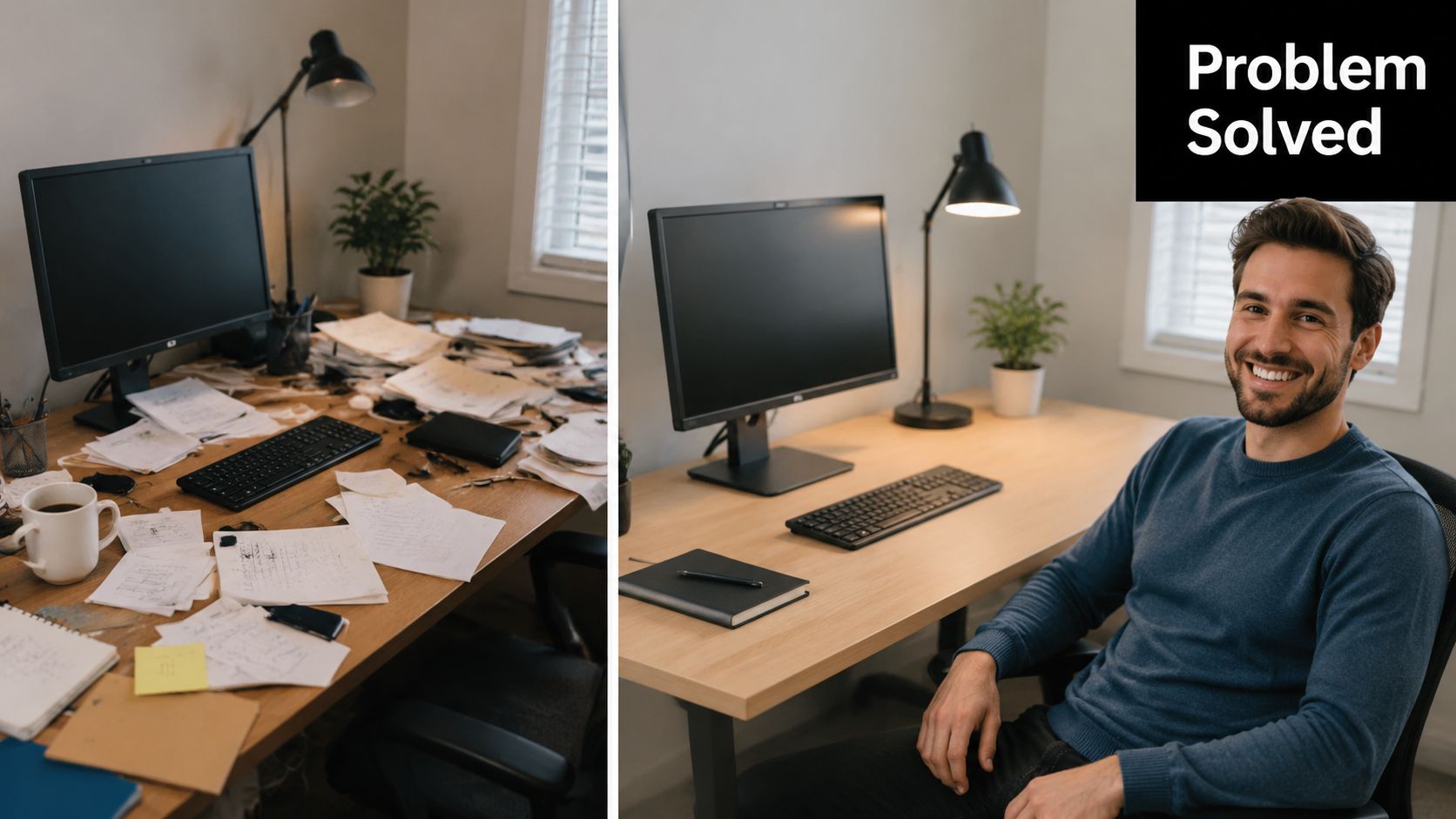 A split image showing a messy office desk transformed into a clean, organized workspace with a smiling man.