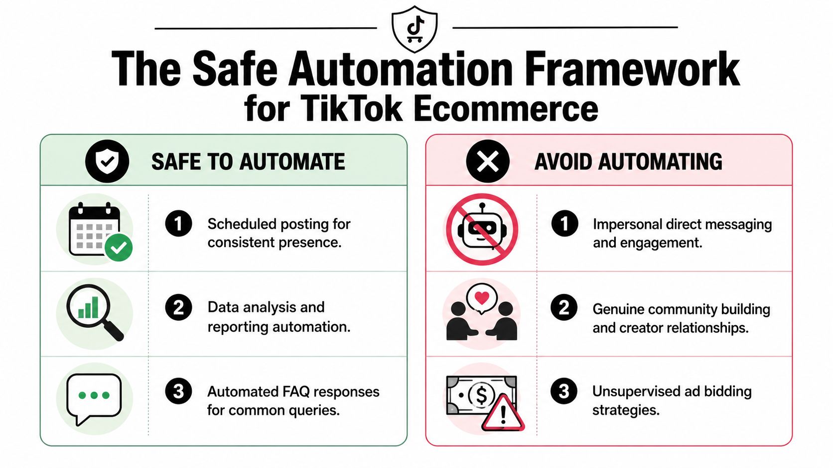 A visual guide illustrating the safe automation framework for TikTok ecommerce featuring do and dont strategies.