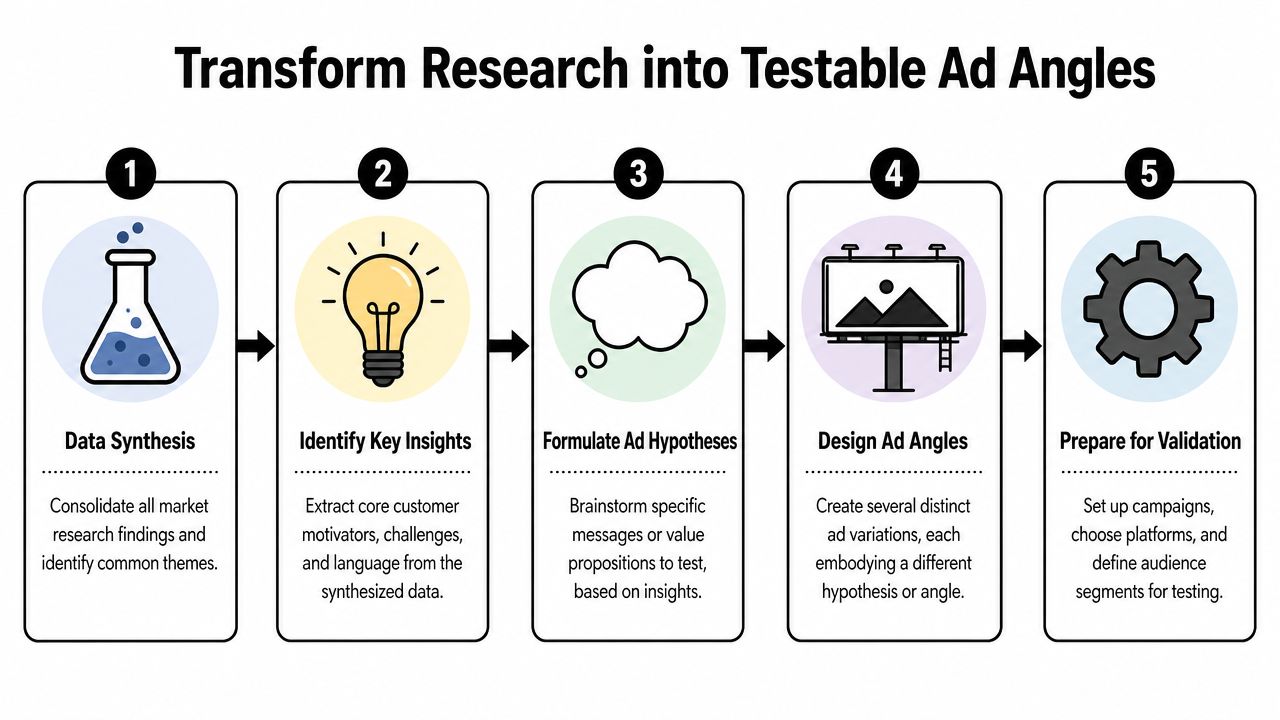 A five-step process diagram illustrating how to transform research findings into testable advertising campaign angles.