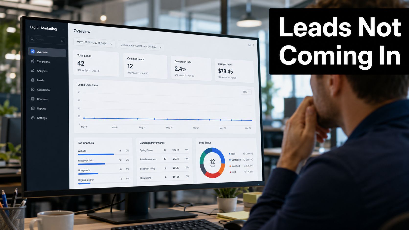 A professional analyzing a digital marketing dashboard on a computer monitor while concerned about lead generation.