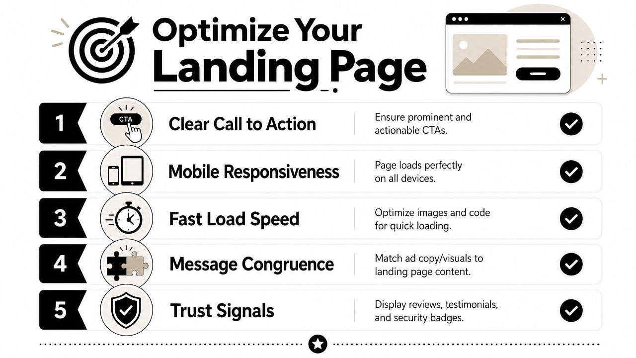An infographic showing five key steps to optimize your landing page for better conversion and performance.