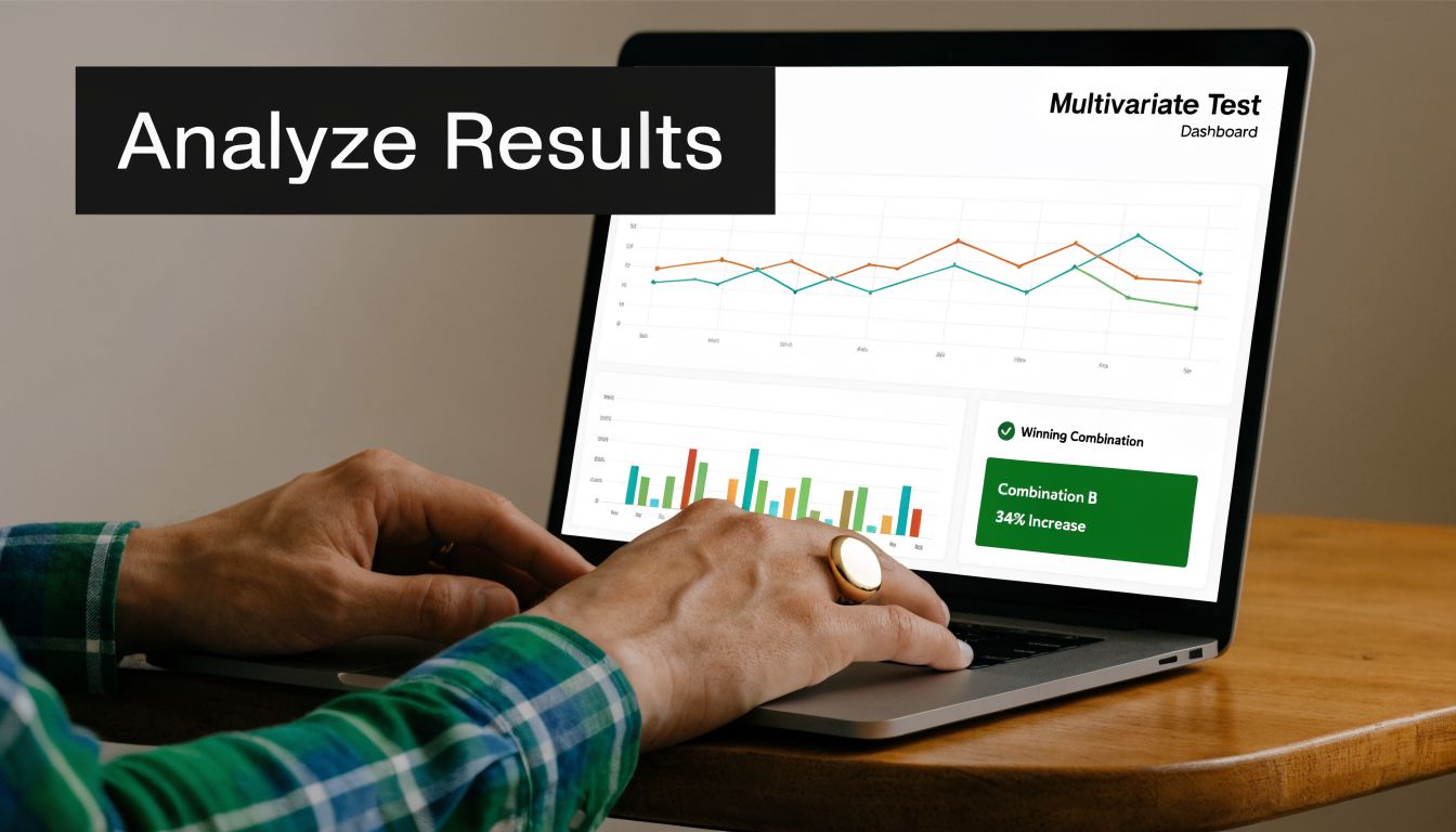 A person using a laptop to view a multivariate test dashboard displaying data and analytics results.