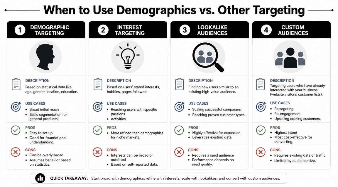 A comparison chart outlining four types of digital advertising targeting: demographic, interest, lookalike, and custom audiences.