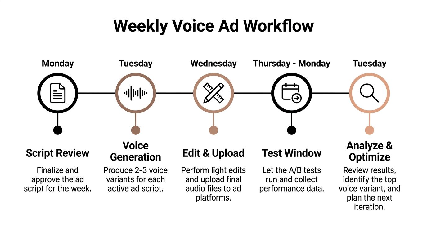 A weekly voice ad workflow diagram showing steps from Monday script review to Tuesday analysis and optimization.