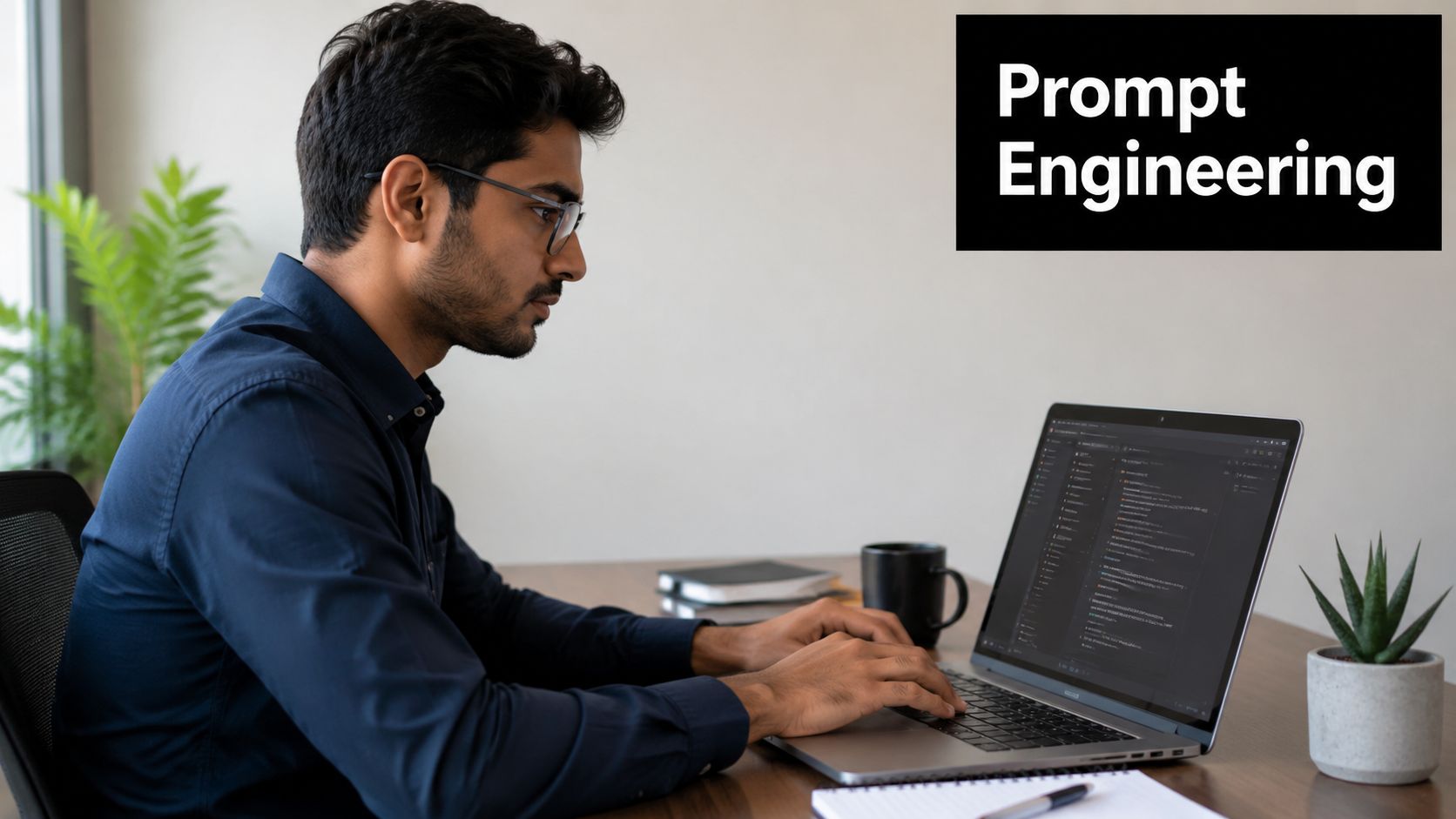 A professional man with glasses sitting at a desk and focused on coding on a laptop computer.