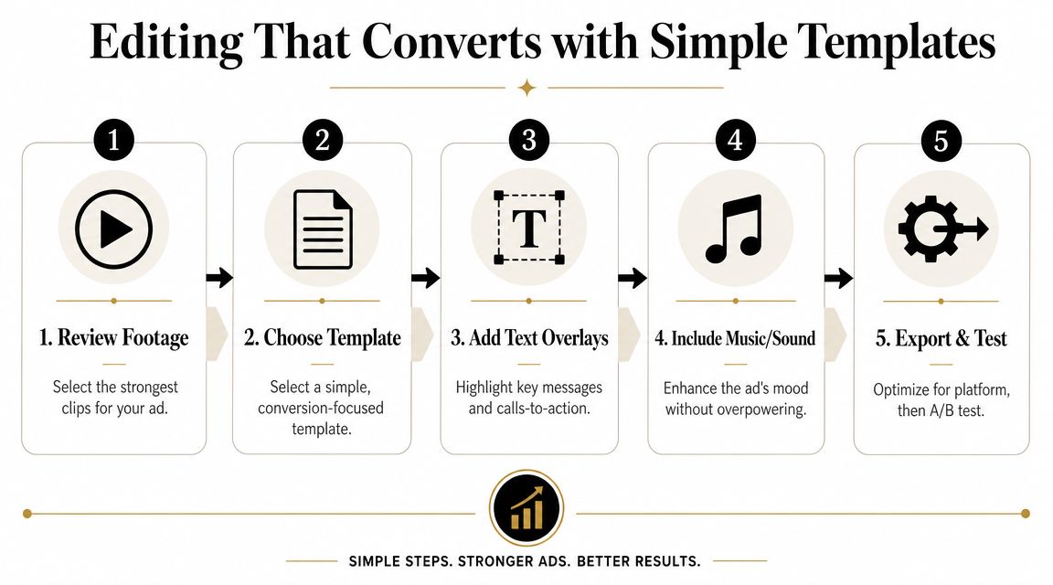 A 5-step process diagram illustrating how to create high-converting video advertisements using simple editing templates.