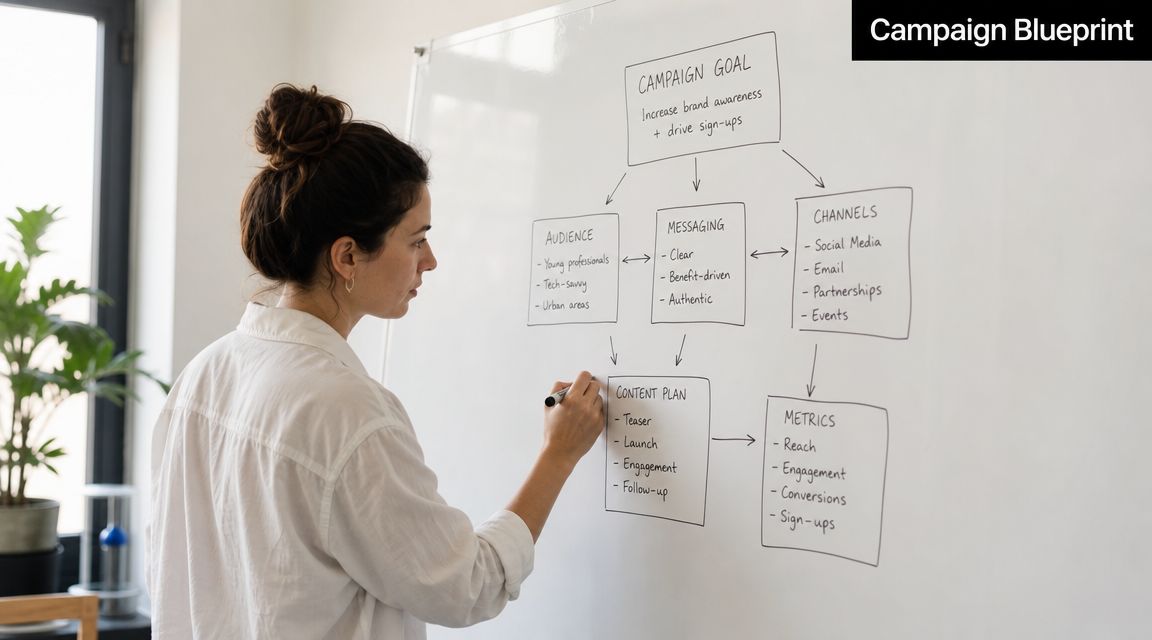 A woman writing a marketing campaign blueprint strategy on a white board in an office setting.