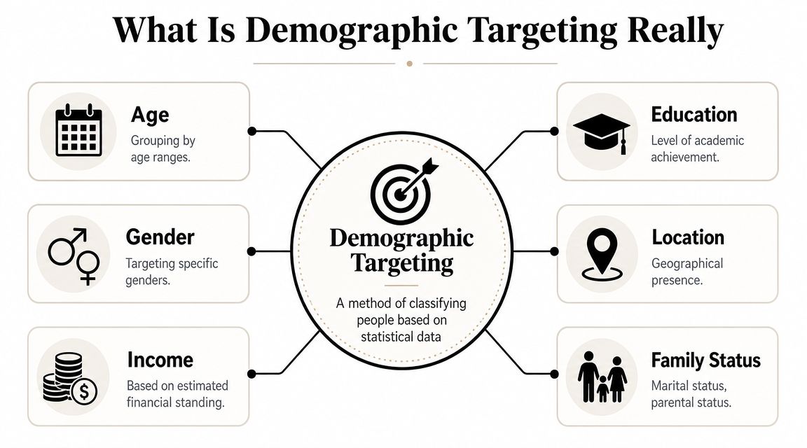 A diagram illustrating demographic targeting, showing categories like age, gender, income, education, location, and family status.