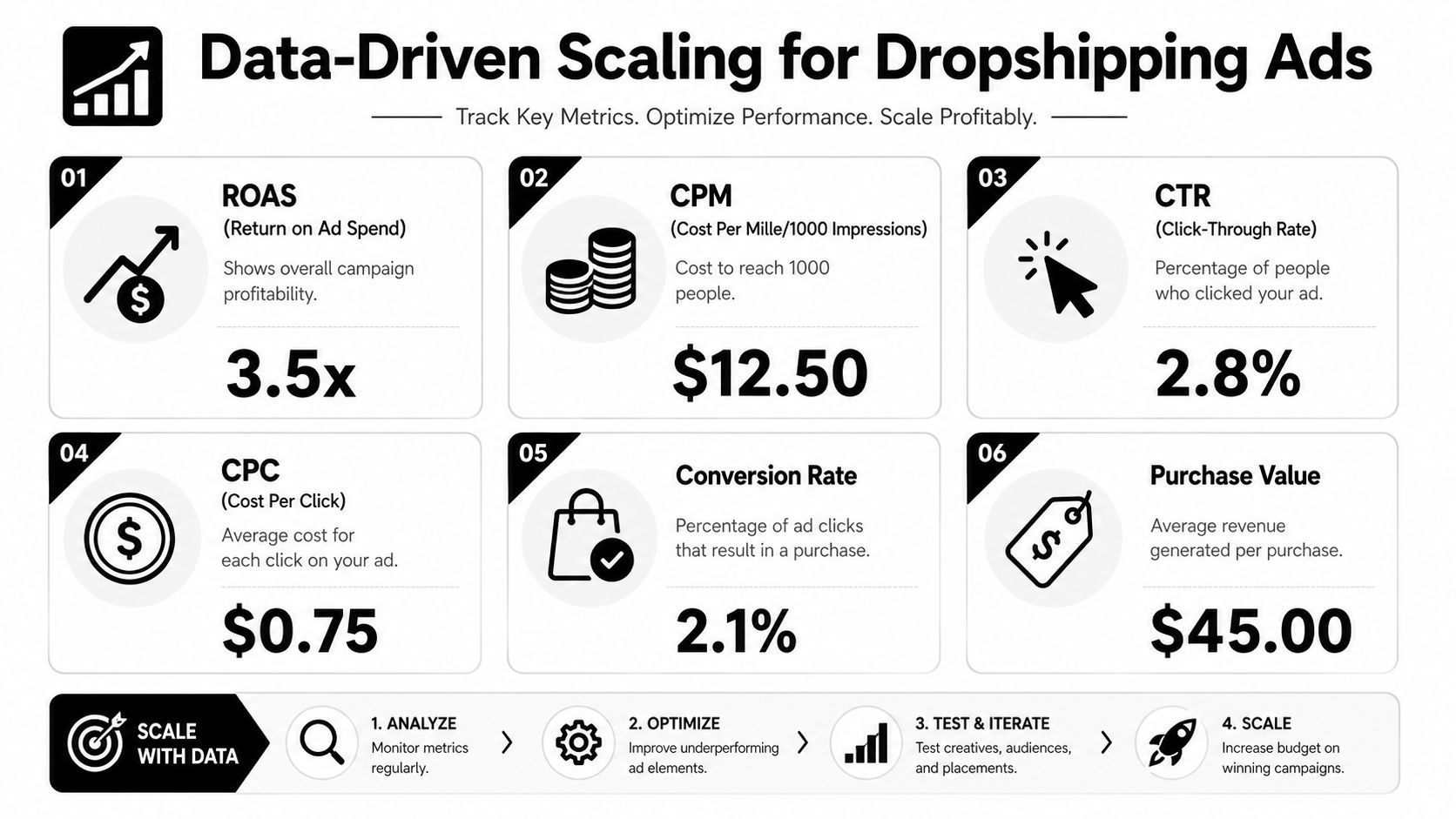 A visual guide outlining key performance metrics for data-driven dropshipping ad scaling and campaign optimization.