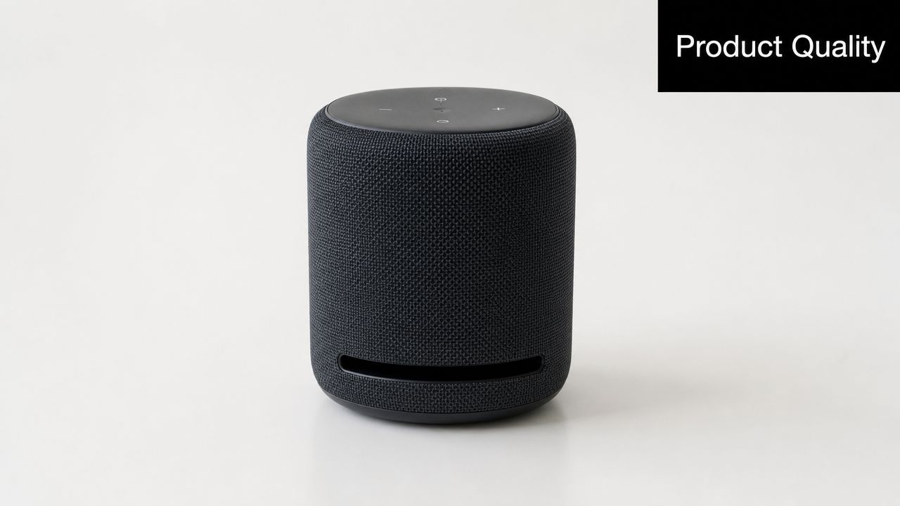 A black cylindrical Amazon Echo smart speaker placed on a clean white surface against a bright background.