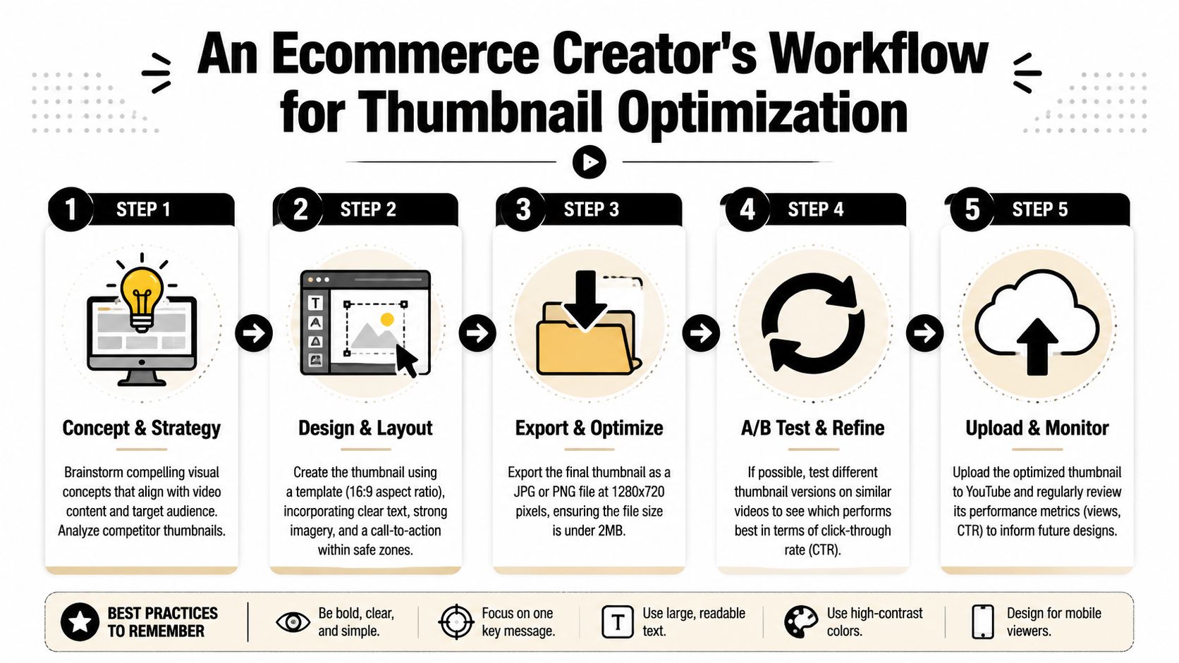 An infographic detailing a five-step professional workflow for optimizing ecommerce YouTube video thumbnails for better performance.