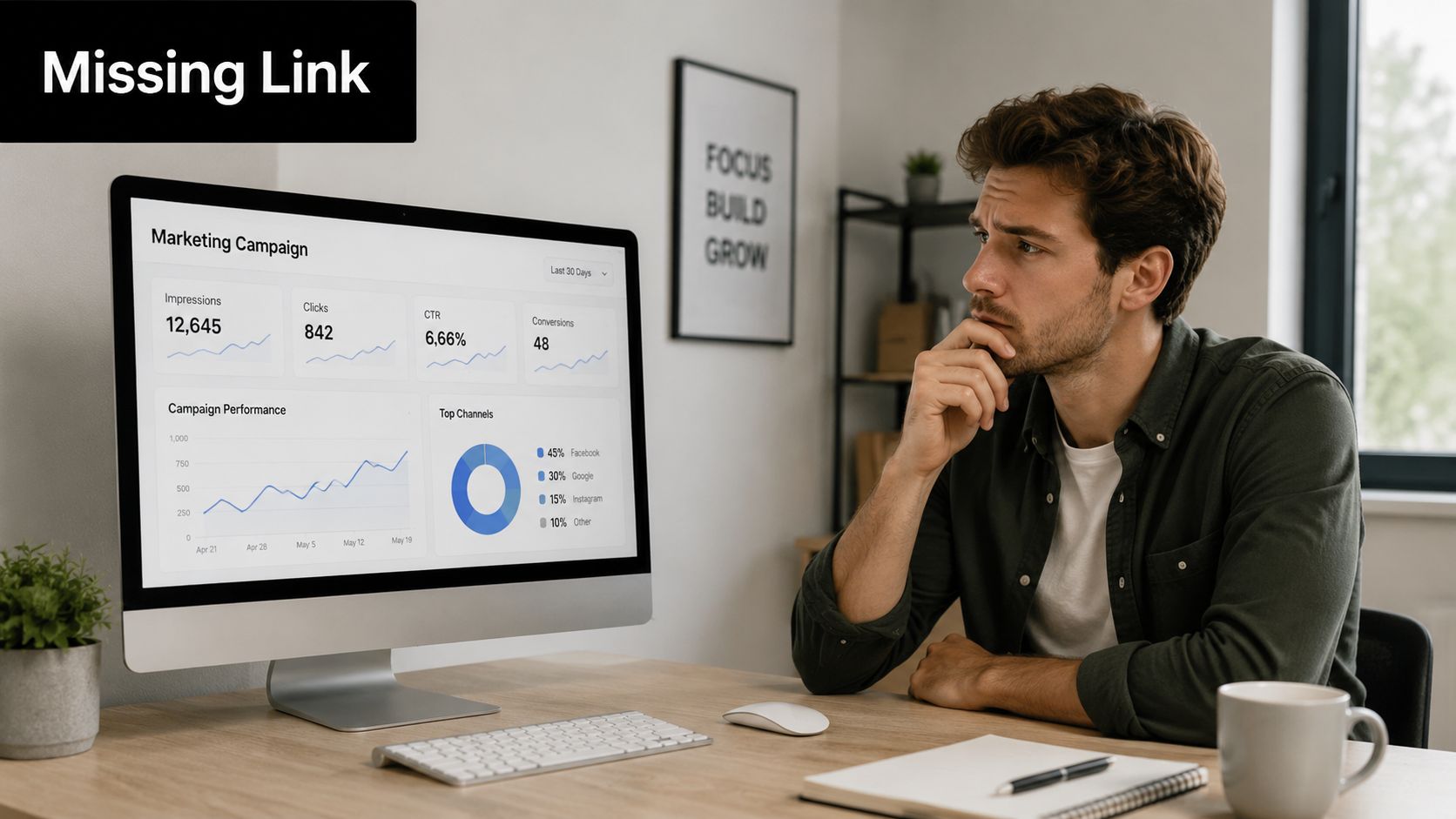 A focused man looking at a digital marketing campaign dashboard on his computer screen in an office.