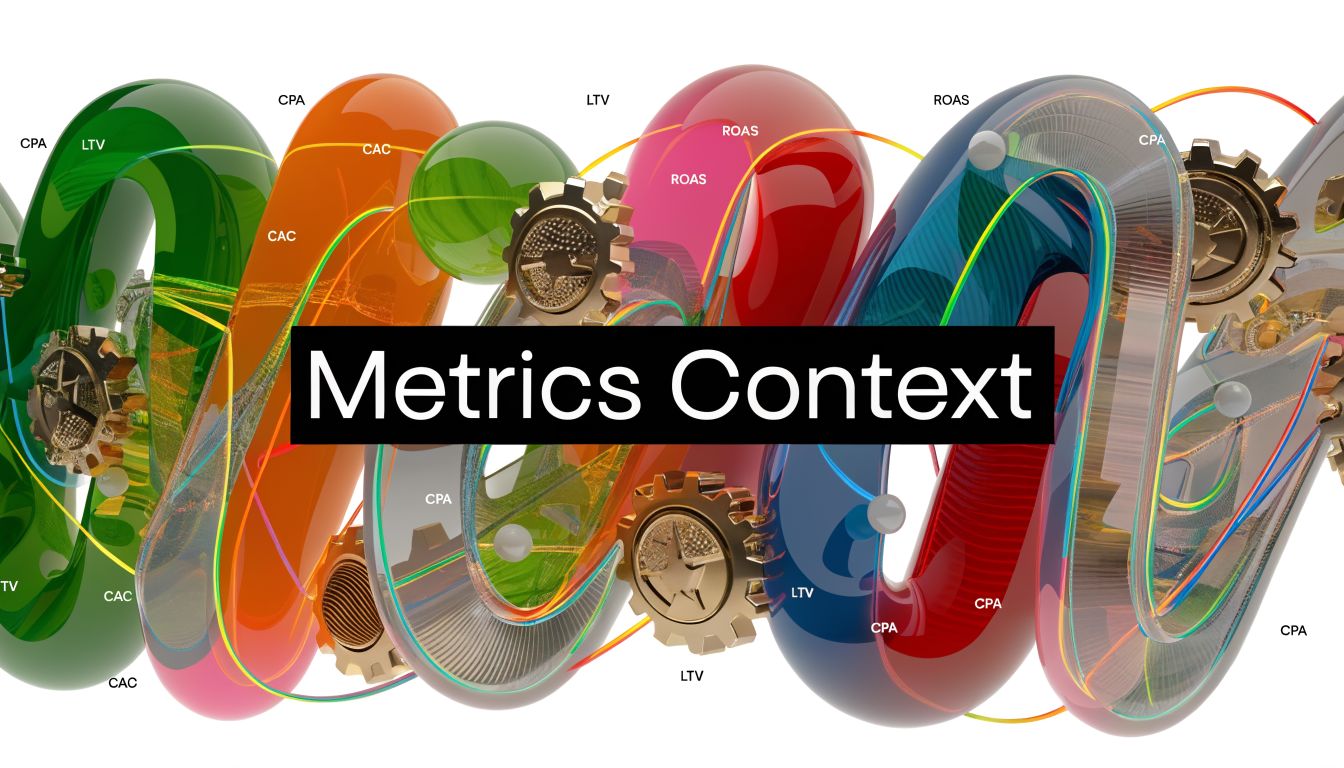 Abstract 3D rendering featuring colorful twisted shapes, metallic gears, and business marketing metrics like CAC, LTV, and CPA.