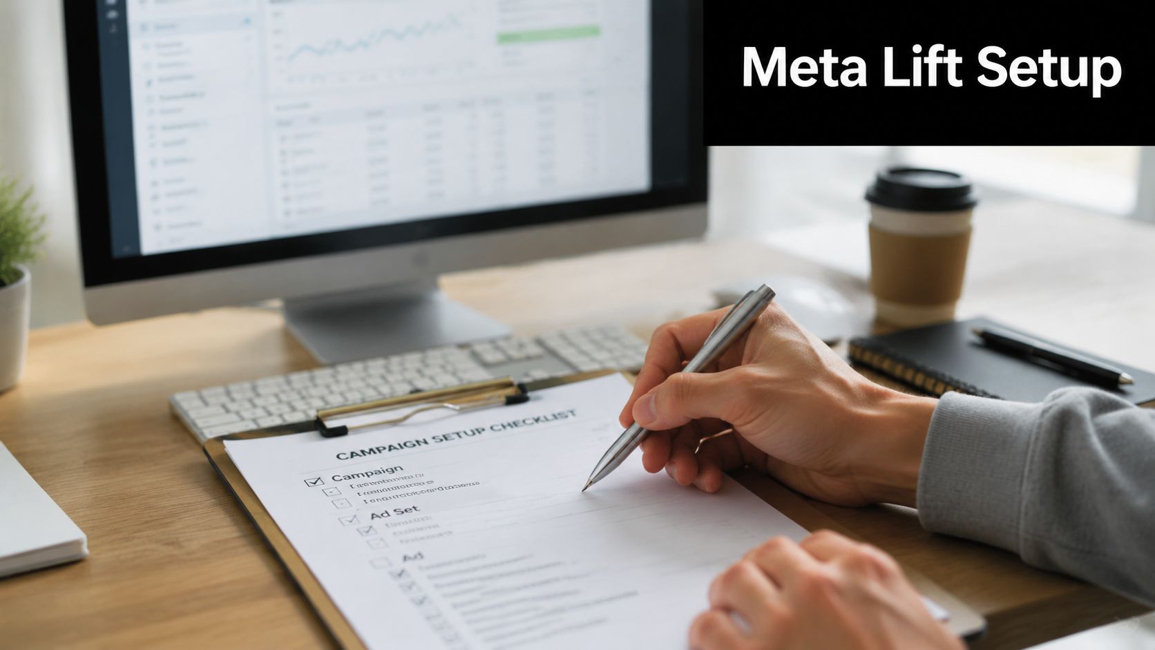 A professional working at a desk filling out a campaign setup checklist for Meta lift marketing strategies.