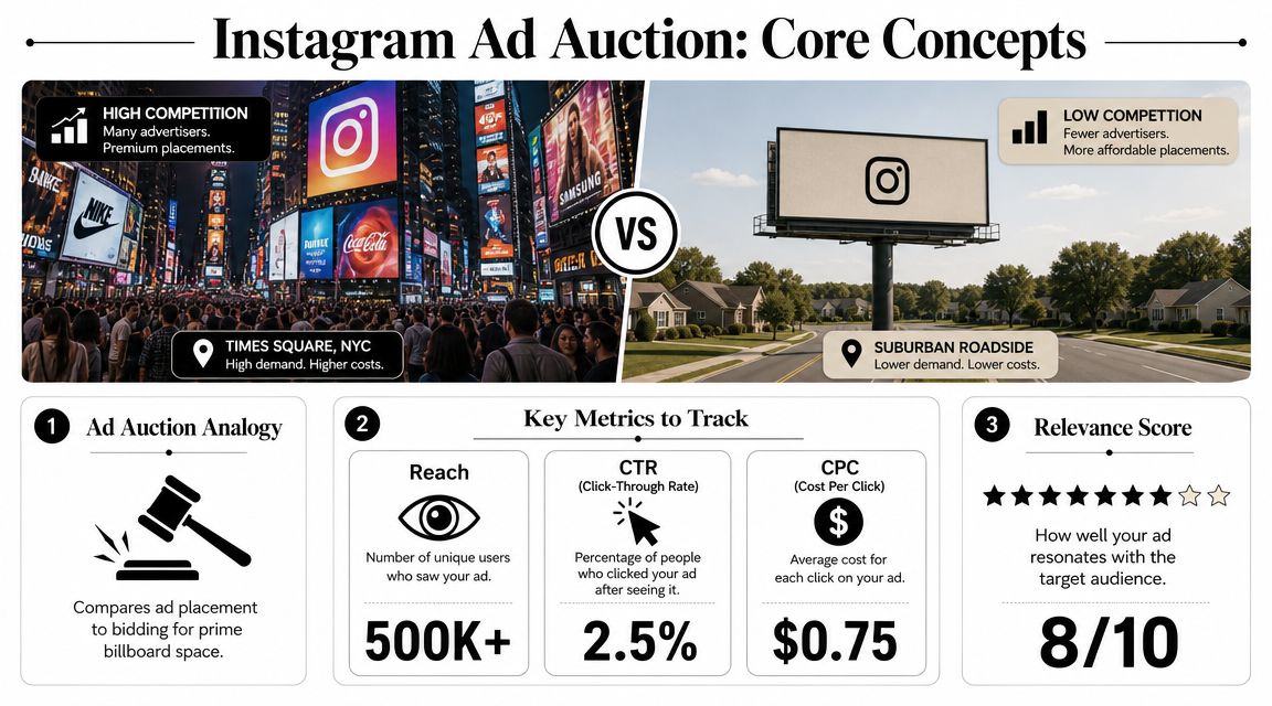 An infographic comparing Instagram ad auctions to physical billboards, highlighting cost factors and key performance metrics.