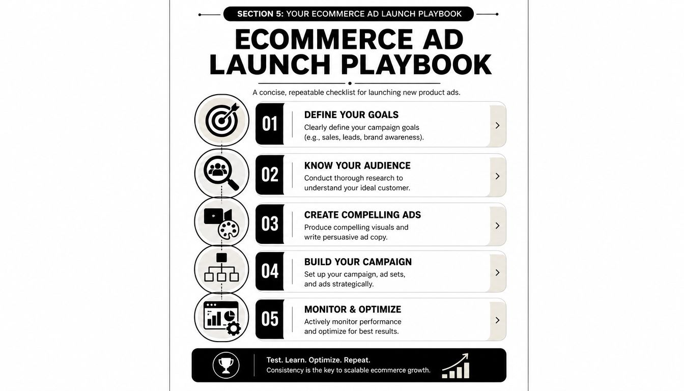 An infographic titled Ecommerce Ad Launch Playbook featuring a five-step checklist for running online advertising campaigns.