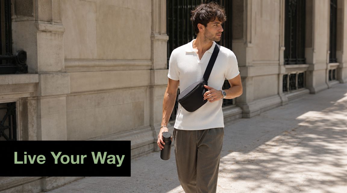 A stylish young man walking down a city street wearing a polo shirt and carrying a crossbody bag.