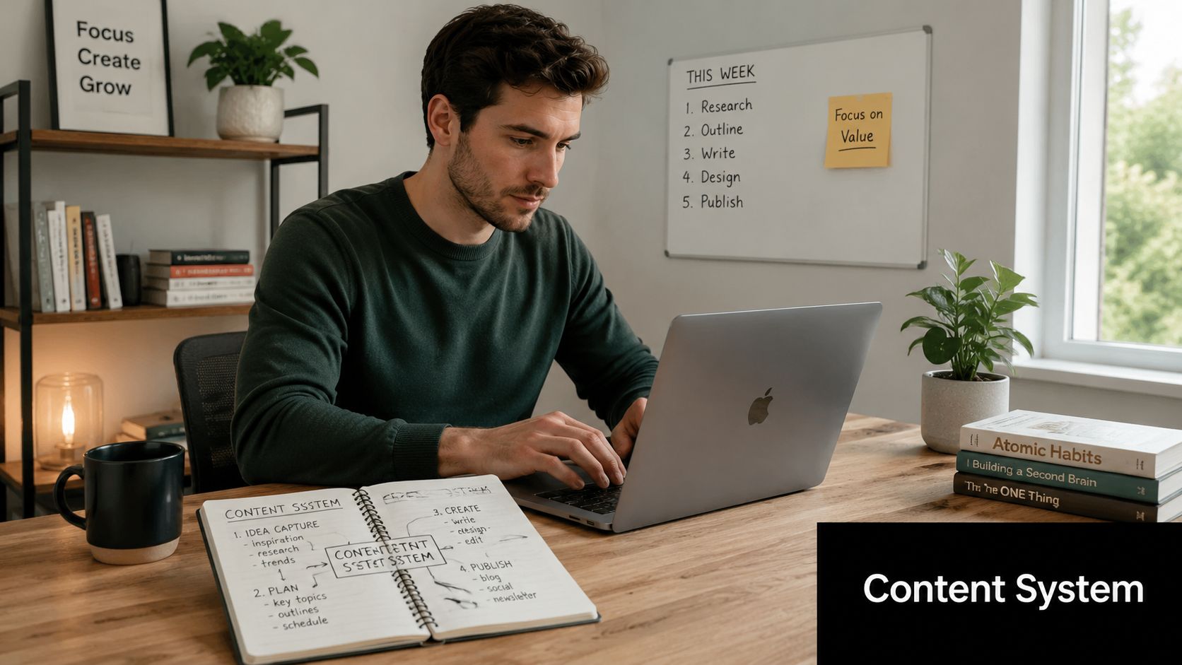 A man in a green sweater working on a laptop at a desk with a content system planner.