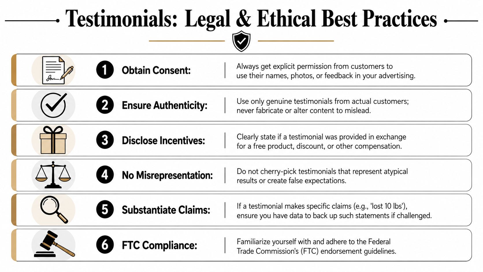 An infographic titled Testimonials: Legal and Ethical Best Practices, outlining six essential guidelines for using customer testimonials.