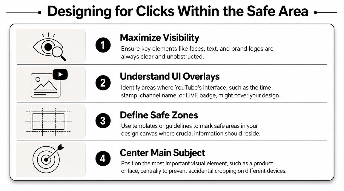 An infographic titled Designing for Clicks Within the Safe Area offering four tips for YouTube thumbnail design.