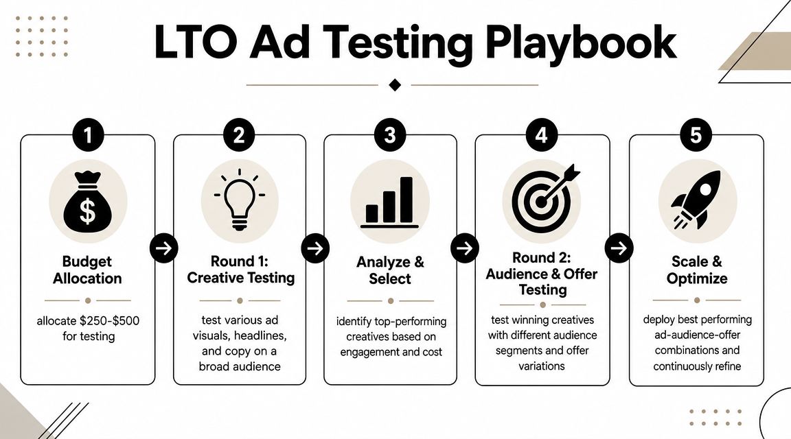 A five-step LTO ad testing playbook infographic detailing a strategic workflow for optimizing advertising campaigns.