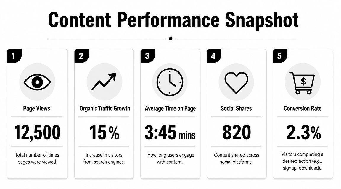 A five-point infographic showing metrics like page views, organic traffic growth, time on page, shares, and conversion.