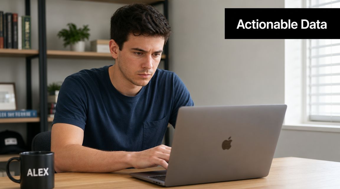 A young man with focused expression working on his laptop at a desk with a mug.