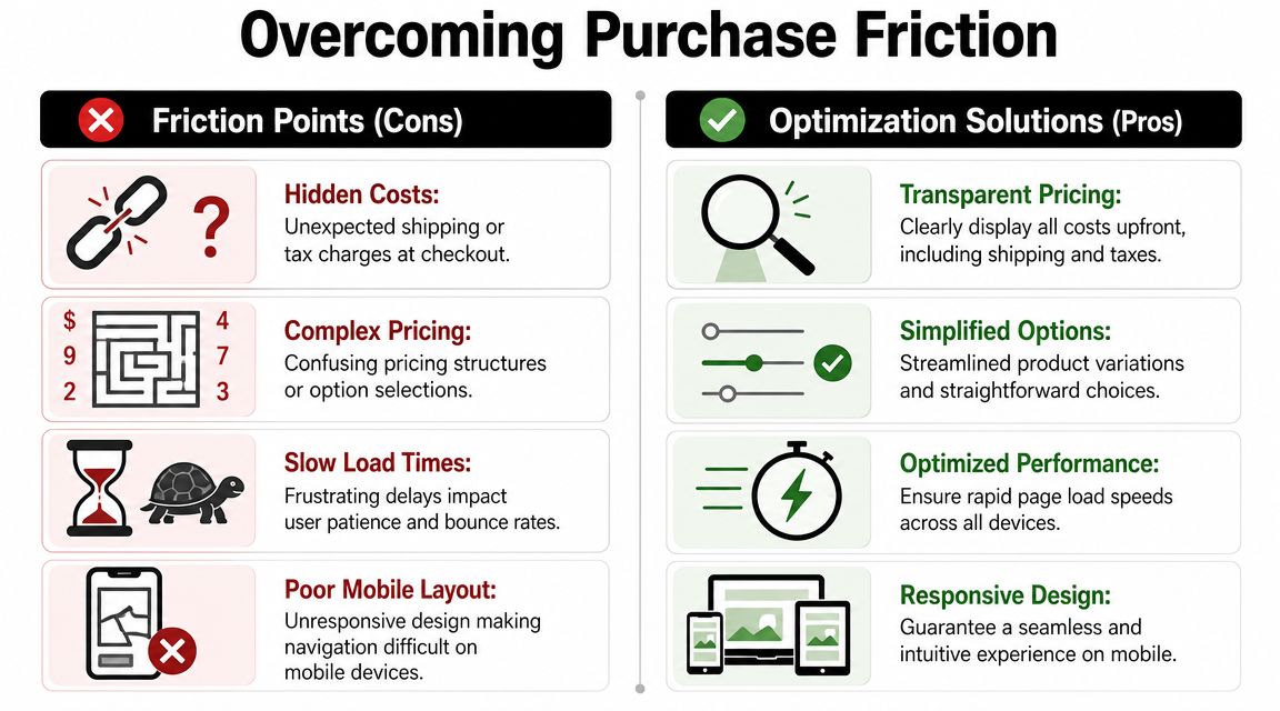 A comparison chart showing common purchase friction points alongside their corresponding optimization solutions for e-commerce websites.