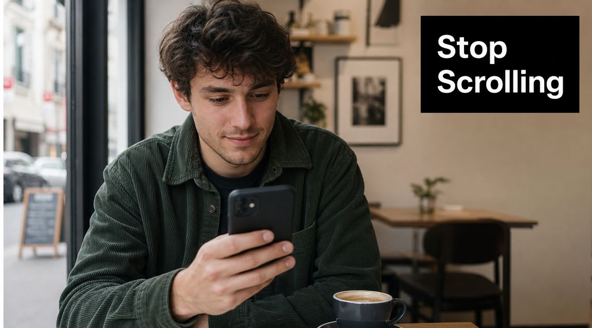 A young man sits in a cafe looking intently at his smartphone, with the text Stop Scrolling overlaid.