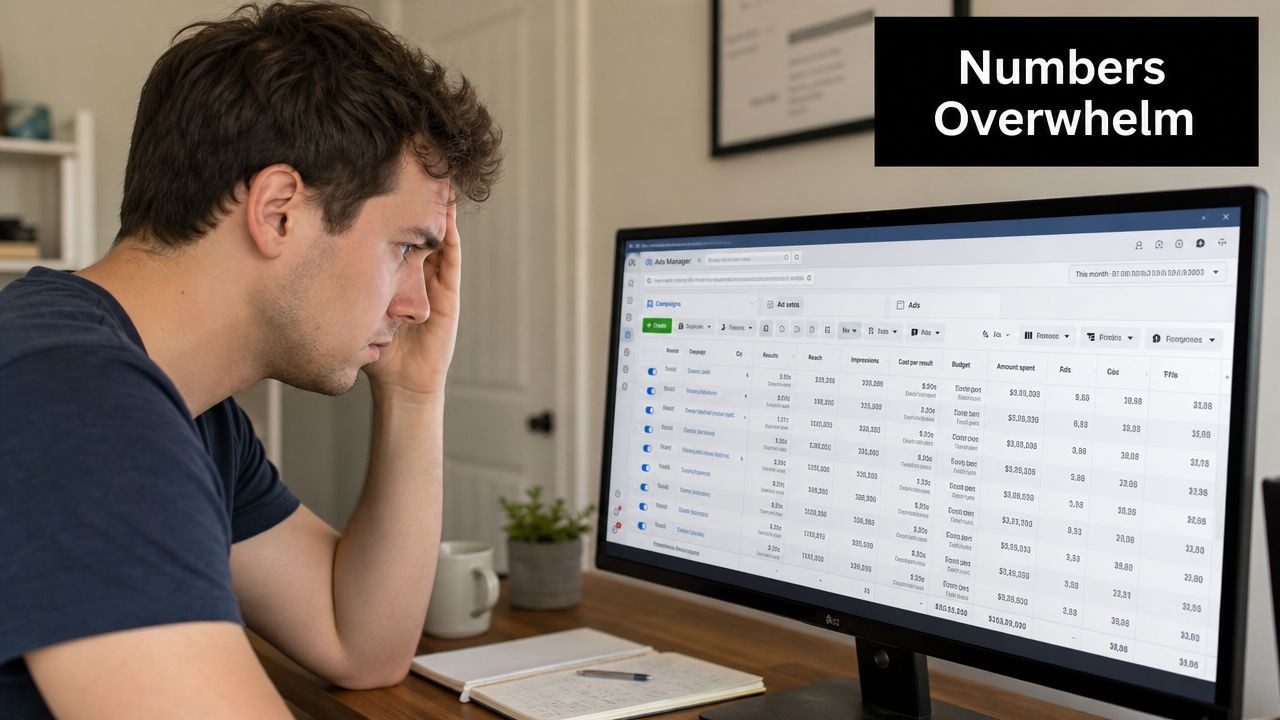 A man looking overwhelmed while analyzing complex advertising performance metrics on his computer monitor.