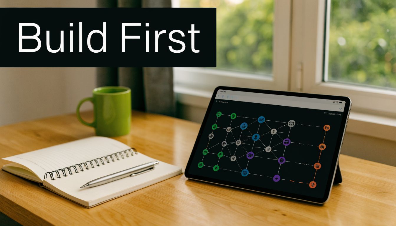 A digital tablet displaying a complex network diagram placed on a wooden desk next to a notebook.