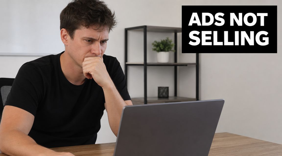 A frustrated man looking at his laptop screen while thinking about his unsuccessful advertising efforts.