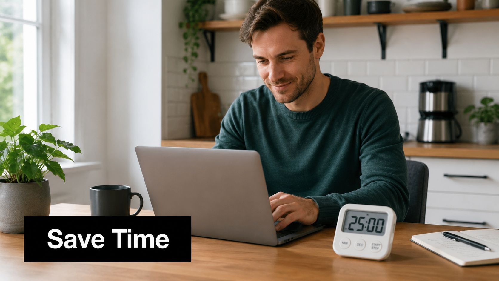 A man smiling while working on a laptop at a kitchen table with a timer nearby.