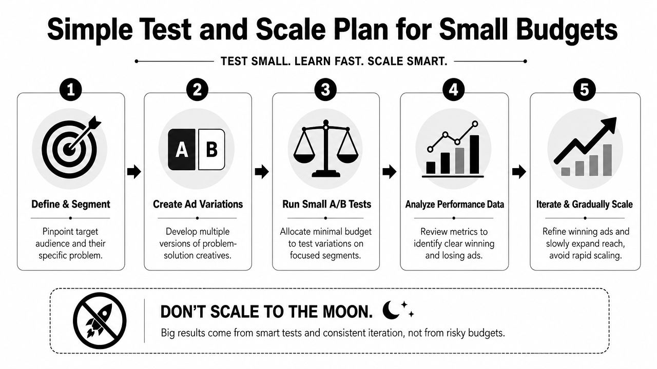A five-step infographic showing a process for managing small budget digital advertising and ad testing strategies.
