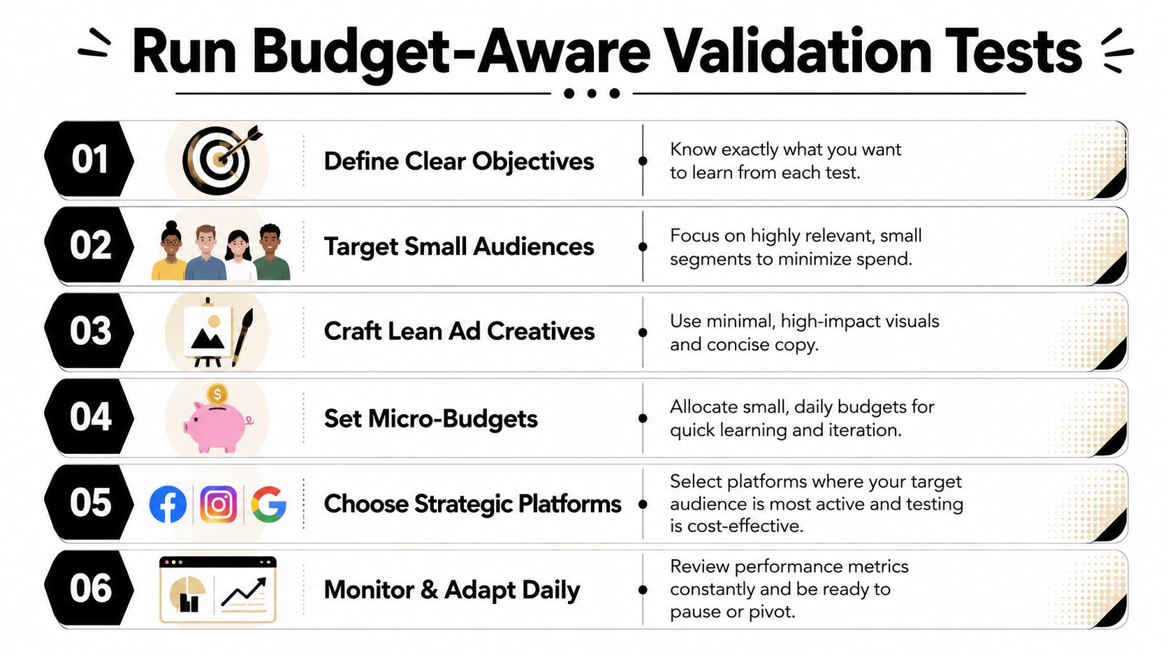 A six-step infographic guide titled Run Budget-Aware Validation Tests for testing market products efficiently.