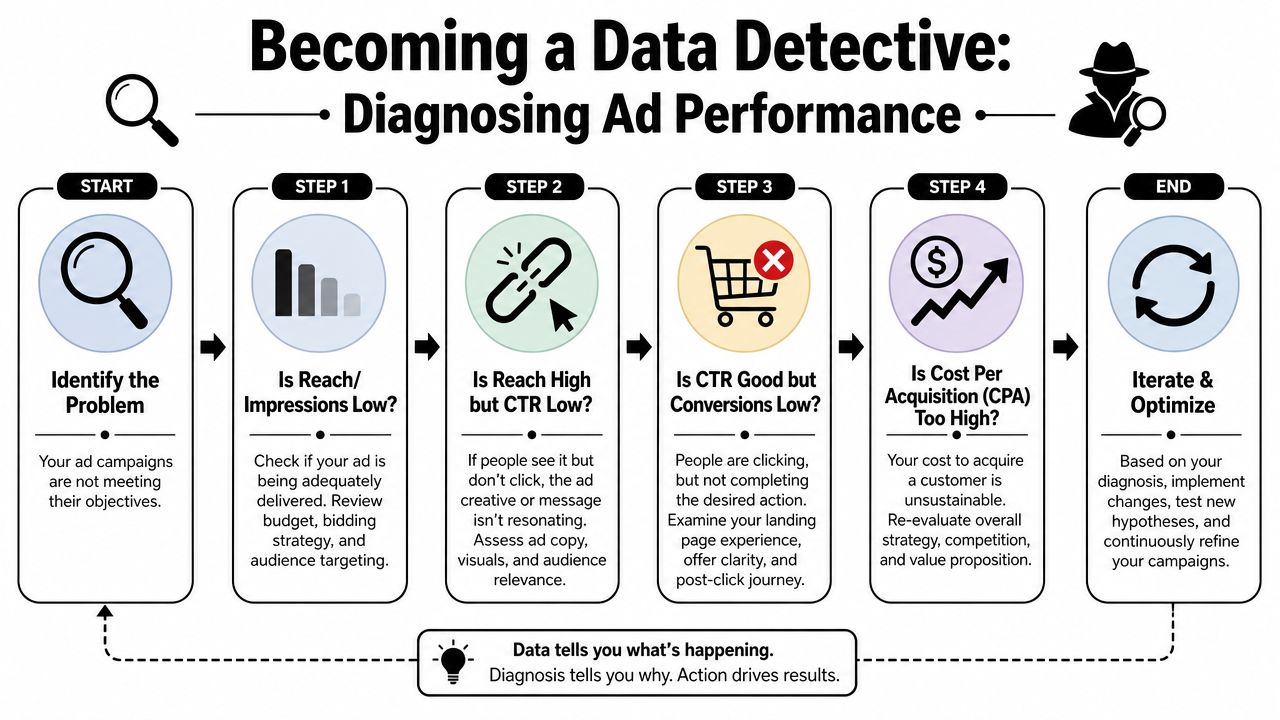 A flow chart titled Becoming a Data Detective illustrating six steps to diagnose digital advertising campaign performance.