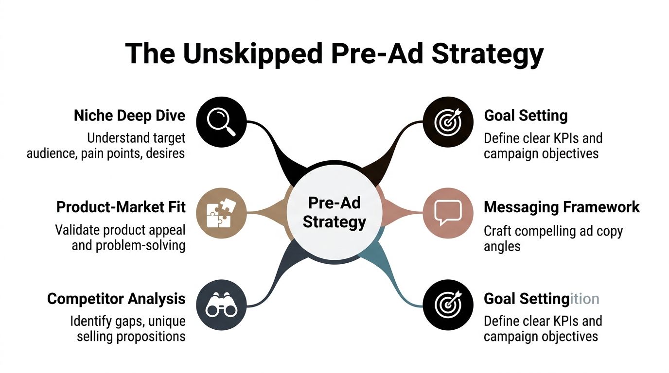 A diagram outlining The Unskipped Pre-Ad Strategy including six key steps for successful advertising campaigns.
