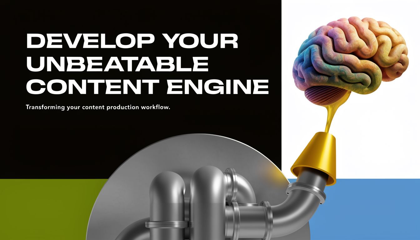 A colorful brain connected to a metallic pipeline system, representing creative and efficient content production.