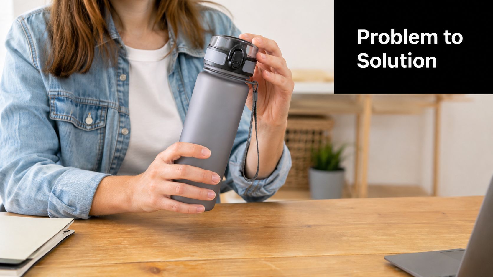 A person holding a gray reusable water bottle while sitting at a desk with a laptop.