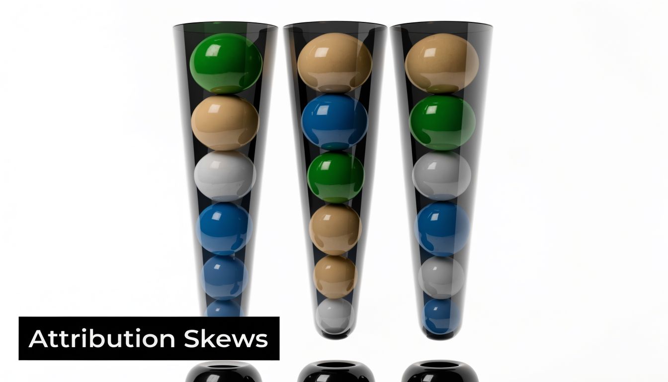 Three tall glass containers filled with colorful stacked balls, representing data attribution and marketing metrics visually.