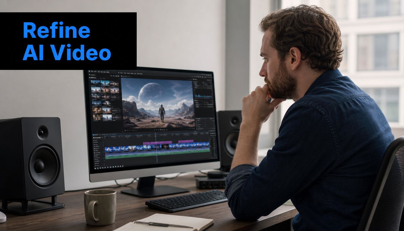 A professional video editor working on artificial intelligence generated video content at his computer workstation desk.