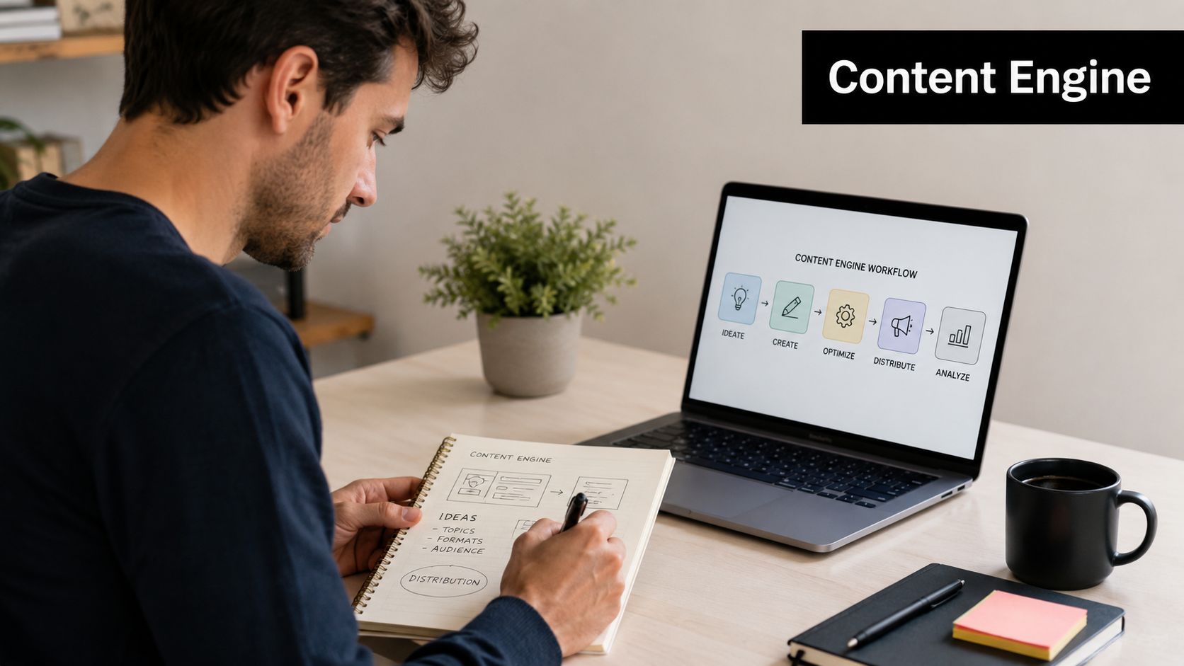 A person writing in a notebook while looking at a content engine workflow diagram on a laptop.