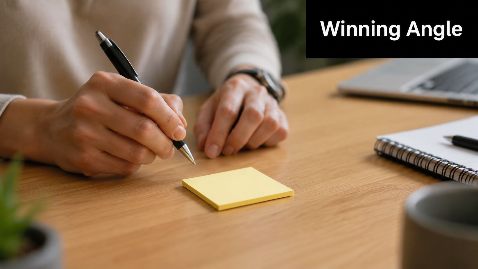 A close up view of a person holding a black pen ready to write on a yellow sticky note.