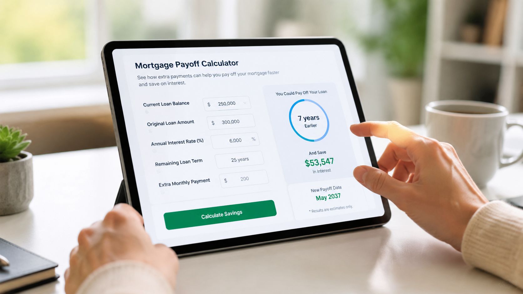 A person using a tablet to calculate mortgage savings with an online payoff calculator tool.
