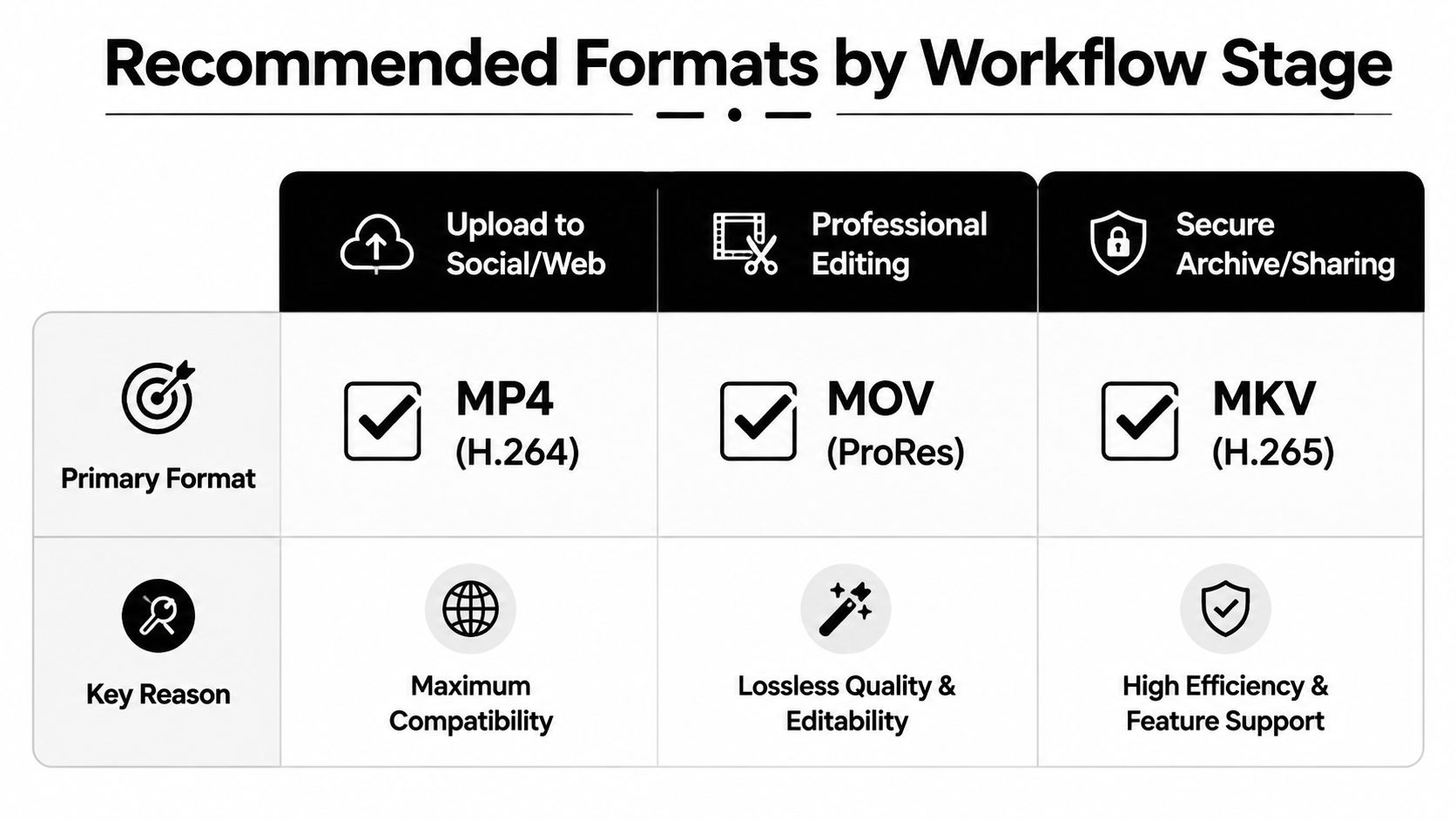 A chart showing recommended video formats for social media, professional editing, and archiving tasks with key reasons.
