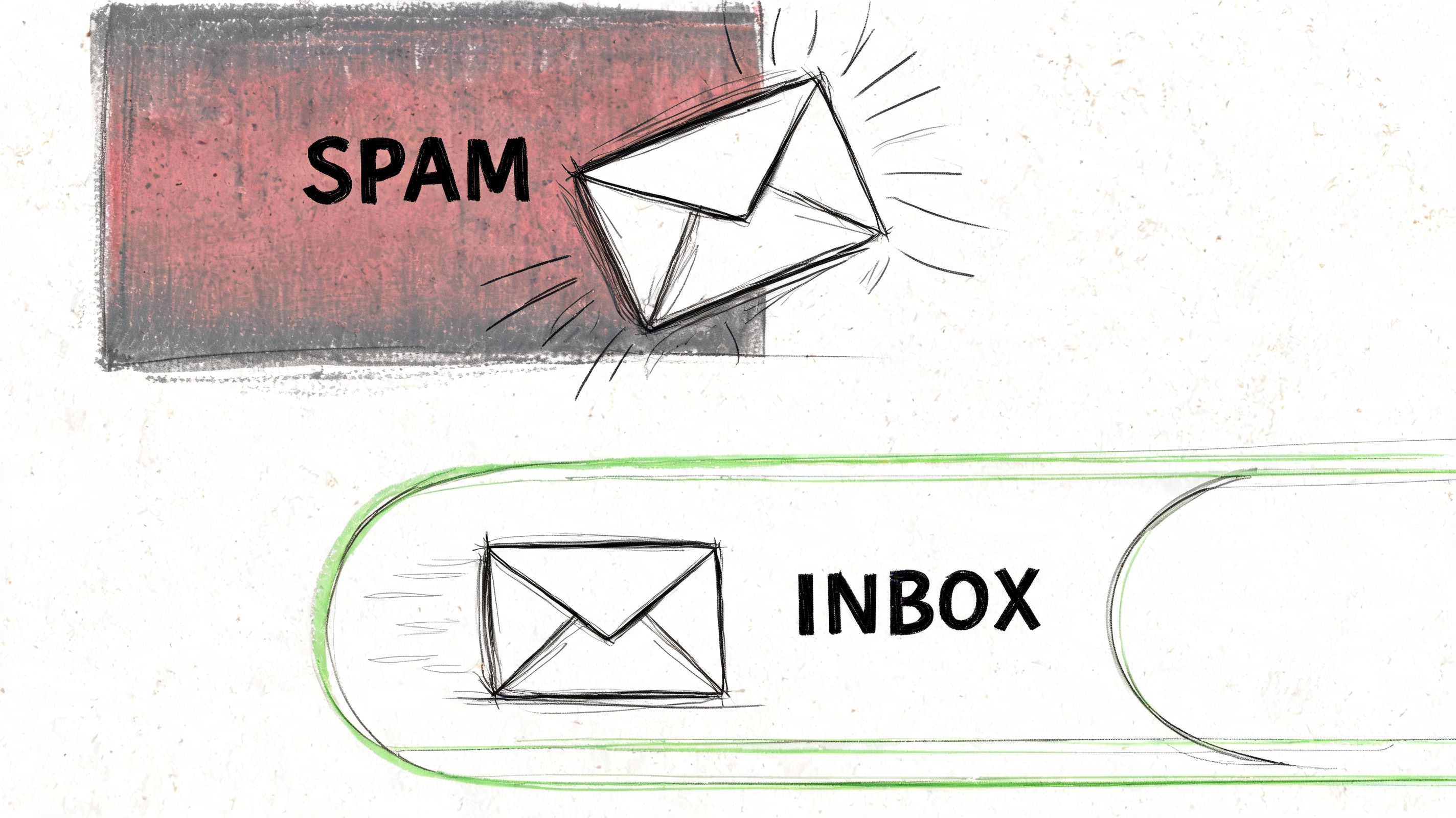 A hand-drawn illustration depicting the difference between junk spam emails and legitimate inbox messages.