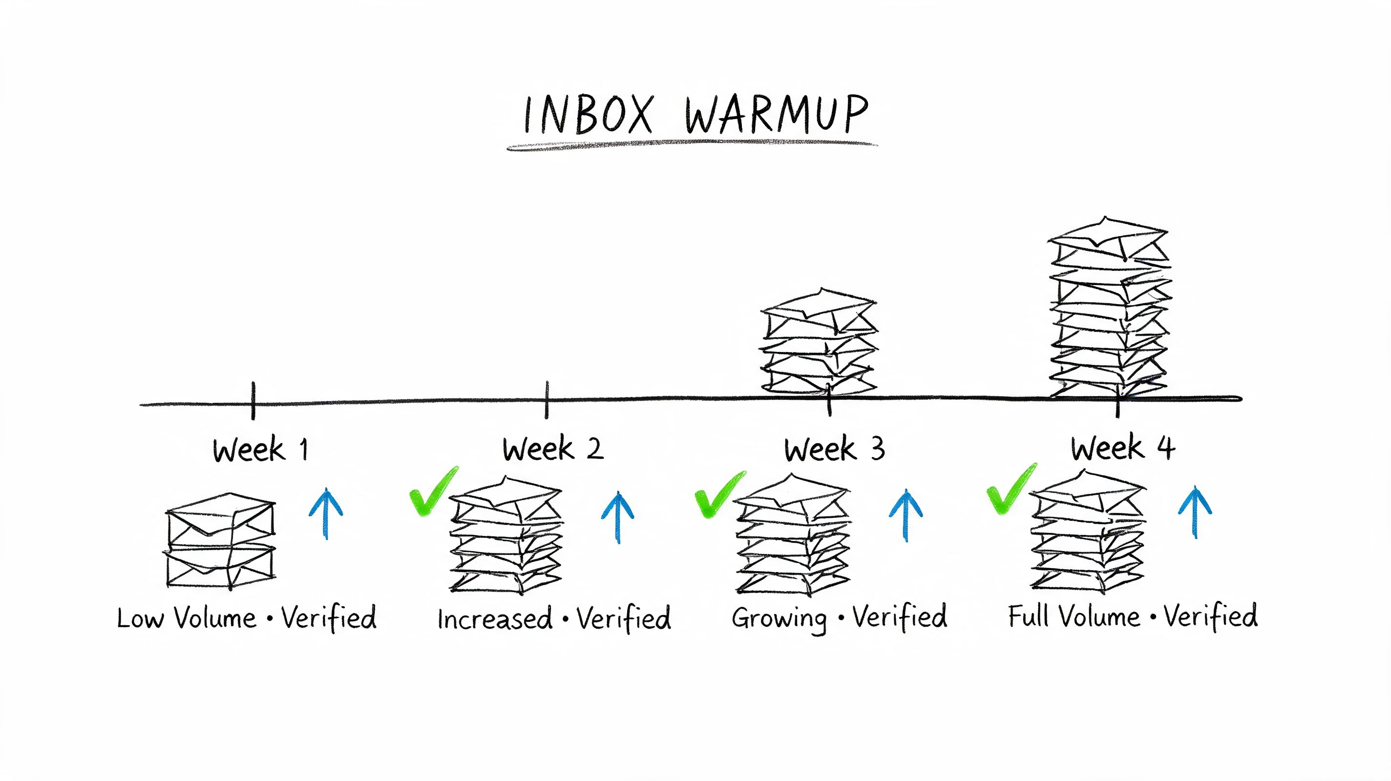 A diagram illustrating the four-week inbox warmup process for gradually increasing email sending volume.