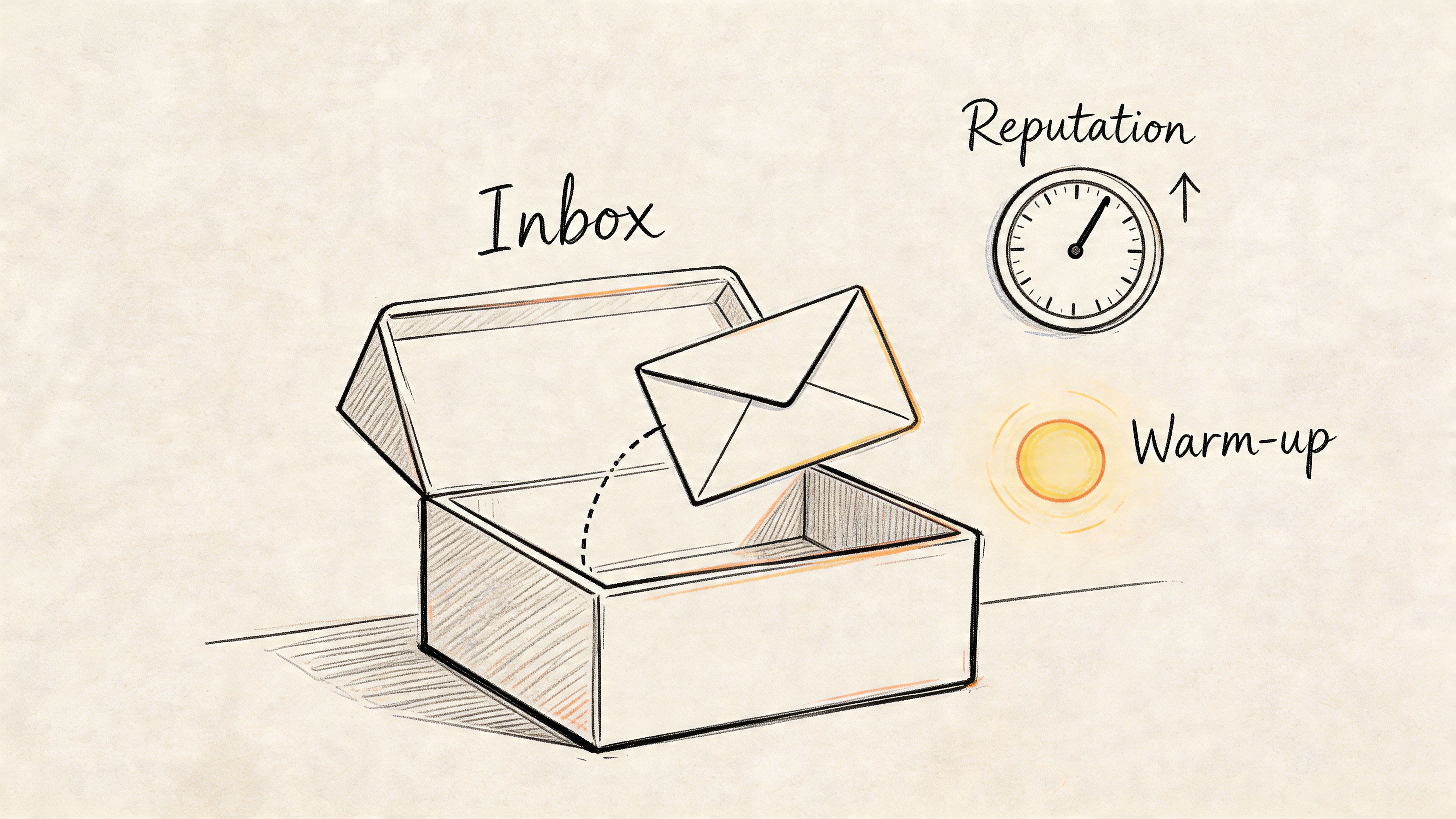 A hand-drawn illustration showing an inbox, a reputation gauge increasing, and a warm-up sun symbol.