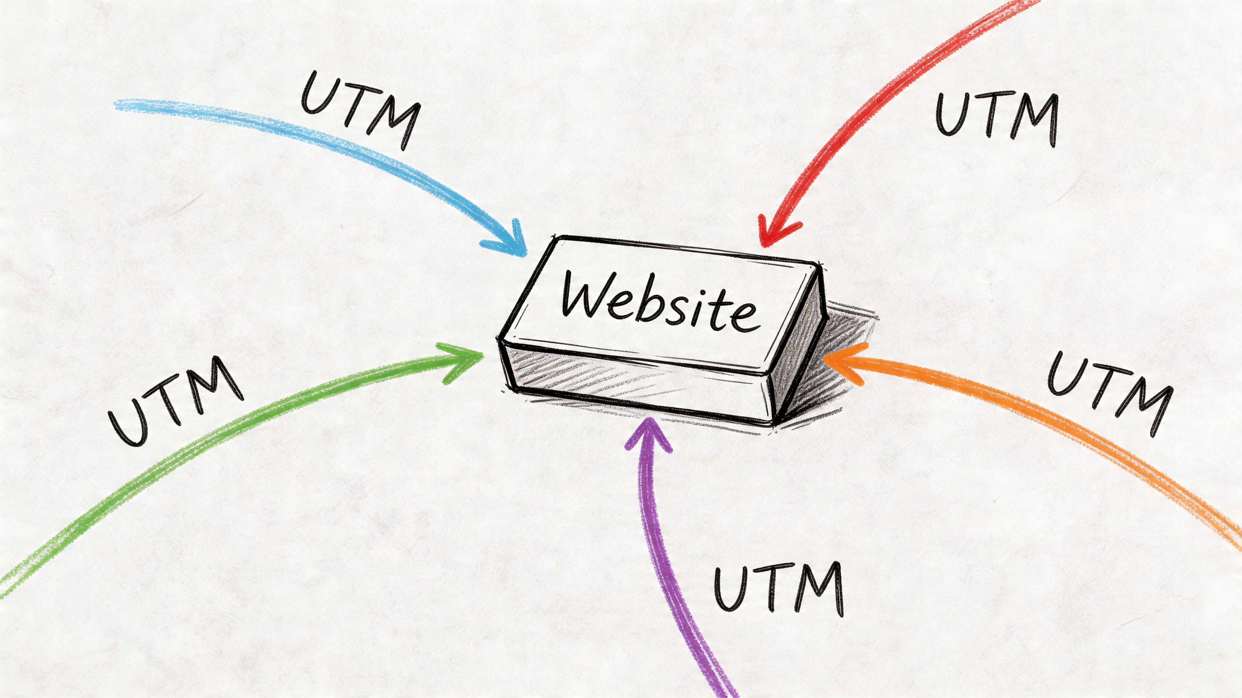 A hand-drawn sketch illustration showing multiple colored arrows labeled UTM pointing towards a central website block.